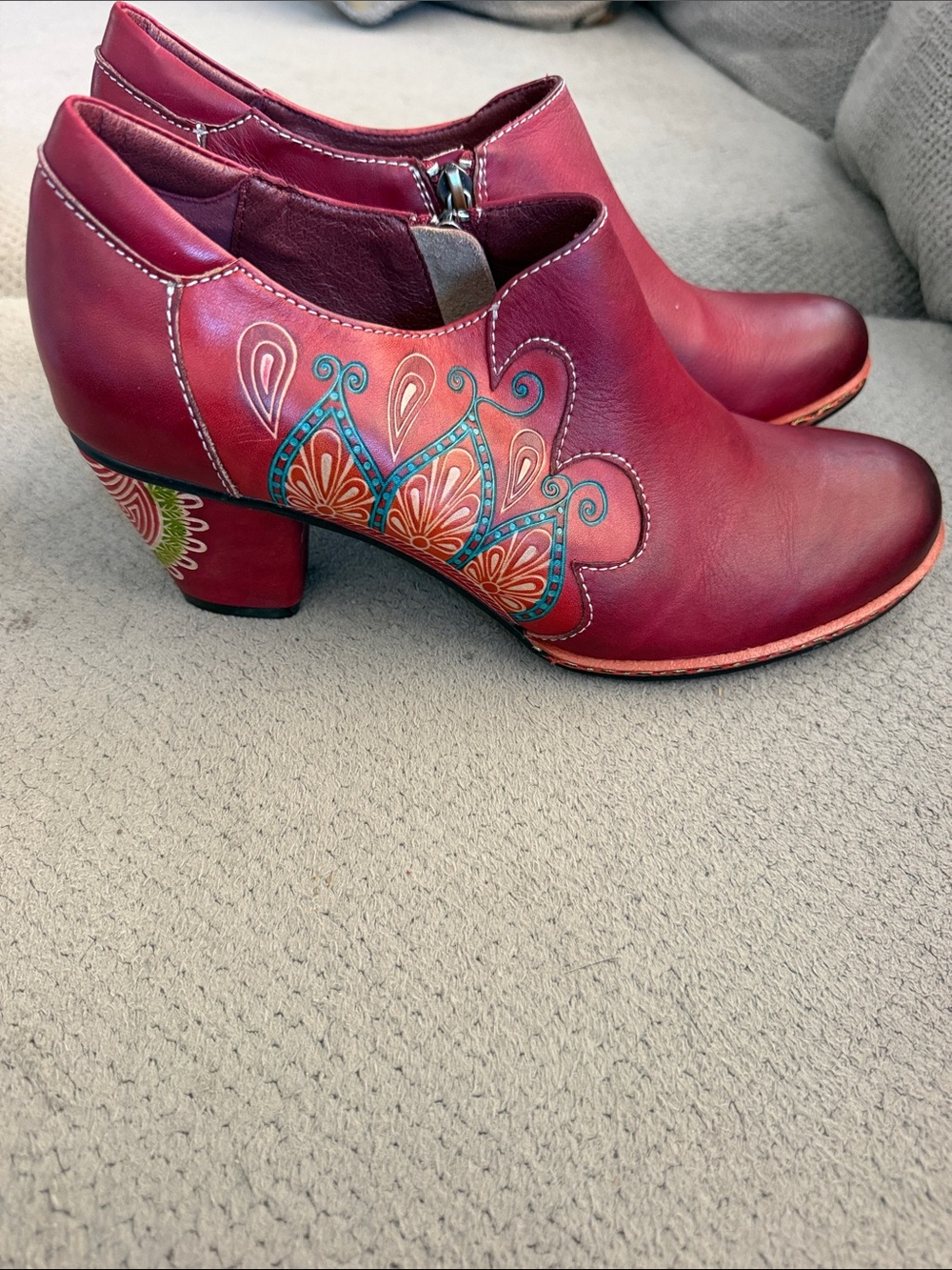 L’Artiste Burgundy Leather Heeled Ankle Boots with Colorful Embellished Detail